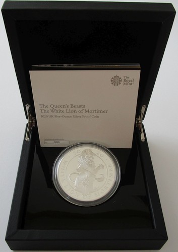 UK 10 Pounds 2020 Queen's Beasts White Lion of Mortimer 5 Oz Silver Proof - Picture 1 of 4