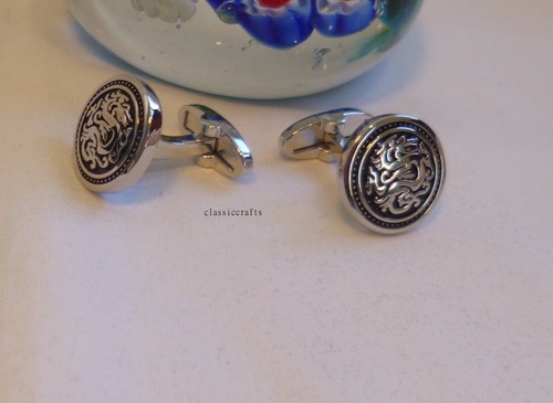 Silvered solid brass vintage dragon round shape Cufflinks Dia 17mm - Picture 6 of 6