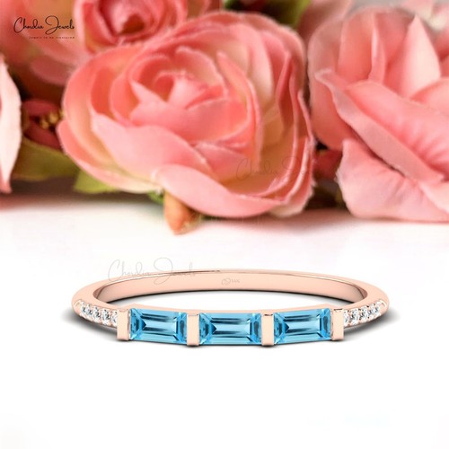 4x2mm Baguette Swiss Blue Topaz & Diamond Ring 14K Fine Gold Stackable Band Gift - Picture 18 of 23