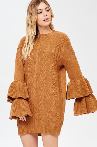 Haupt Mini Kleid Rüschendetail Ärmel Lang Glocke Gestricktes Pullover Steifen 8q8rvf