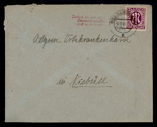 DR WHO 1945 GERMANY AMG MILITARY POST WWII CENSORED NIEBULL M38688