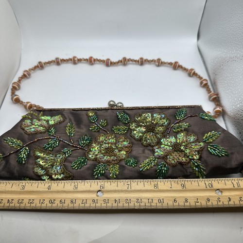 Cato Beaded Floral Evening Bag Brown Satin Sequin Embroidery Beaded Handle - Picture 3 of 9
