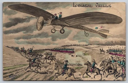 1914 WW1 French Military Aviation Postcard L'Oiseau Veille Monoplane Cavalry C14
