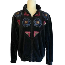 Vintage Womens Oleg Cassini 80s Black Velour Embroidered Retro Zip Jacket Medium