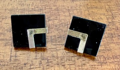 14K Yellow Gold & Onyx PBD Peter Brams Design Square Modernist Post Earrings .5''