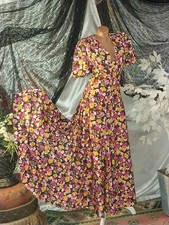 VTG FLARED MAXI DRESS BRIGHT FLORAL PRINT ZIP BOHO HIPPY 60'S 70'S PUFF SLEEVE S