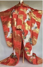 Vintage Handmade Women's Red Crane Pattern Kimono One Size