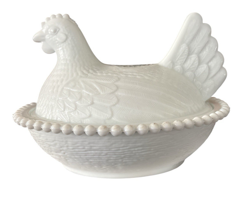 Vintage Indiana Glas Henne auf Nest HON weiß Milchglas Perlen Deckel Bonboniere - Bild 3 von 24