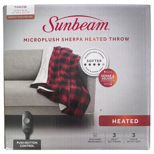 Sunbeam Heated Electric Sherpa & Microplush Red Plaid Throw Blanket, Warming - Picture 2 of 3