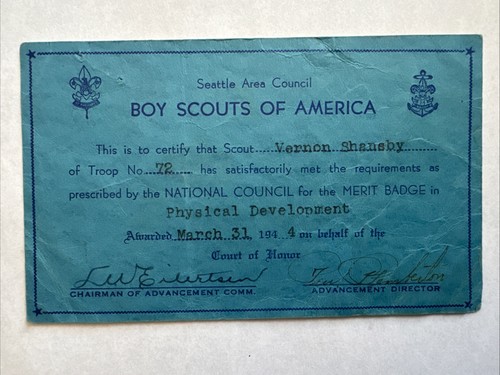 Vintage BSA 1944 Physical Development MB CERTIFICATE- Seattle Area Council