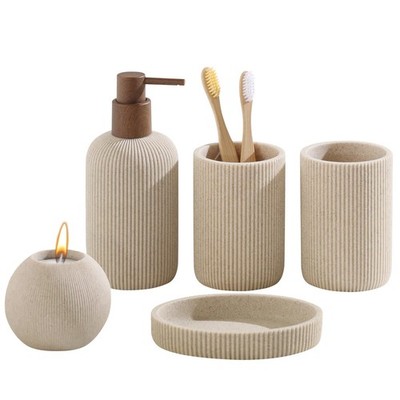 Bathroom Accessories Set, 5 PCS Sandstone Look Stripe Modern Bath Organizer w...