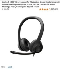 Logitech H390 Wired USB On-Ear Stereo Headphones with Mic, Black, PC Laptop