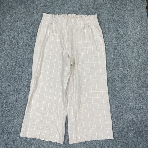 Sharagano Pants Womens Size M Beige Check Linen Blend Beach Lagenlook Casual