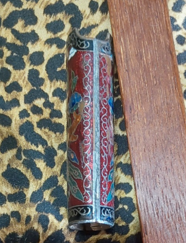 Vintage Cloisonne Peacock White Clouds Enameled Brass Cigarette Lighter Case - Picture 3 of 5