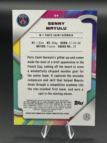 2024-25 Topps Finest UEFA SENNY MAYULU RC refractor de lava verde/99 #54 PSG - Imagen 2 de 2