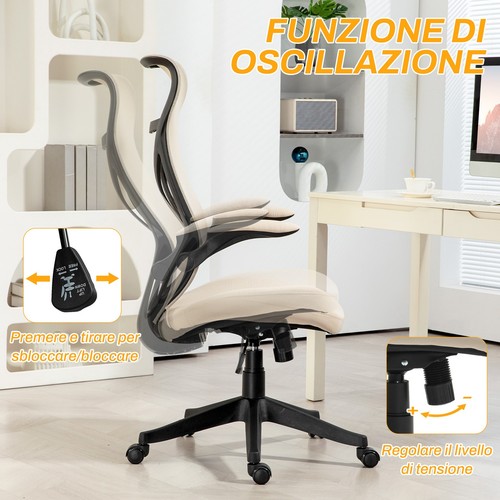 HOMCOM Sedia da Ufficio con Braccioli Ribaltabili e Altezza Regolabile Beige - Foto 6 di 10