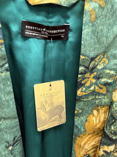 Peruvian Connection Damen Strickjacke Kimono vorne offen geblümt XL Neu mit Etikett grün gold - Bild 3 von 3