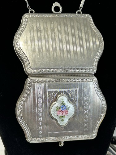 Antique 1920s Sterling Silver Plated Guilloche Enamel Compact FMC Floral Motif - Picture 6 of 15