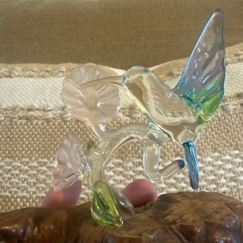 Delicate Blown Glass Hummingbird Figurine Sculpture On Burl Wood Base