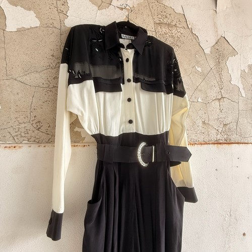 Vintage Jumpsuit Western Sequined Belted Black White 90s Rodeo Glam Womens M  - Picture 2 of 10