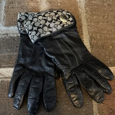 Coach Black Leather Signature Cuff Gloves Cashmere Lining Women's Size 6.5