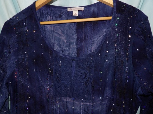 Dressbarn Blue Sequin Keyhole Neck 3/4 Sleeve Blouse Women's Size XL - Picture 2 of 5