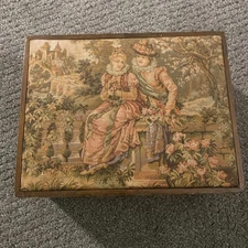 Vtg Locking Tapestry Jewelry Trinket Box Made In Italy Romantic Rococo Baroque