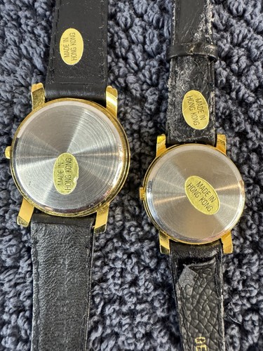 His And Her Quartz Watch Set, Black Leather Band & Dial Gold Tone Case New Batt - Picture 3 of 4