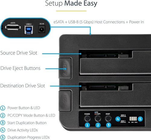 StarTech.com Standalone Hard Drive Duplicator, External Dual Bay USB 3.0 (5 Gbps - Picture 2 of 6