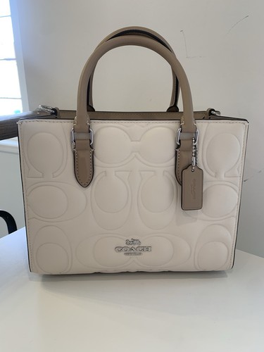 Coach Maggie Tote Bag In Blocked Signature Leather Silver/Chalk/Taupe CY673 - Picture 6 of 12