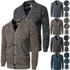 Mens Knitted Button Up Cardigan Fleece Lined Thick Casual Long Sleeve Sweater