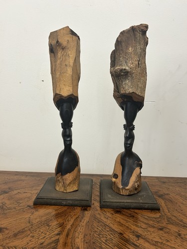 Hermosa estatua vintage de tribu africana tallada a mano 19" manos de madera cara decoración - Imagen 1 de 10