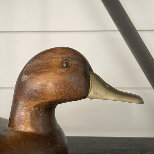16.75" Mid Century Modern MCM Vintage Wooden Wood Carved Duck Decoy Brass Bill - Picture 12 of 24