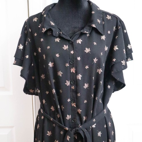 ModCloth Jessy B Plus 4X Belted Midi Swing Dress Black & Gold Floral Leaf - Picture 2 of 9