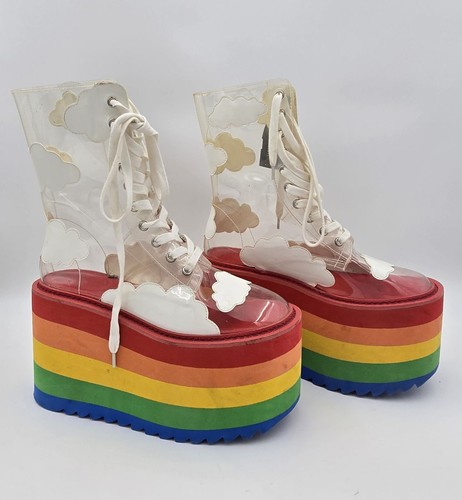 Transparent Cloud-Print Platform  Boots Size 9 Rainbow Sole Pre-Owned Fair - Picture 1 of 12