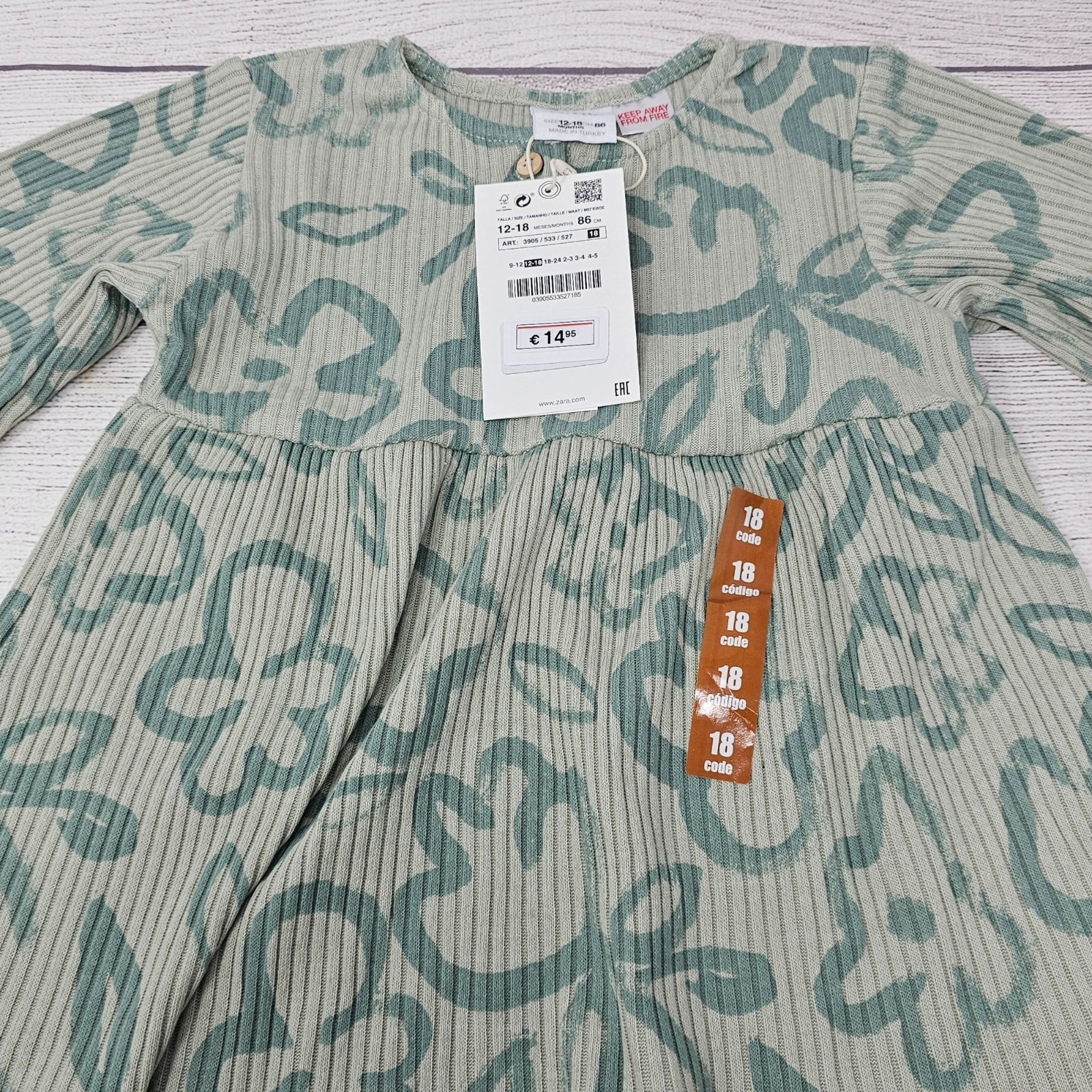 NWT Zara Baby Girls Ribbed Flower Print Dress Size 12-18 months