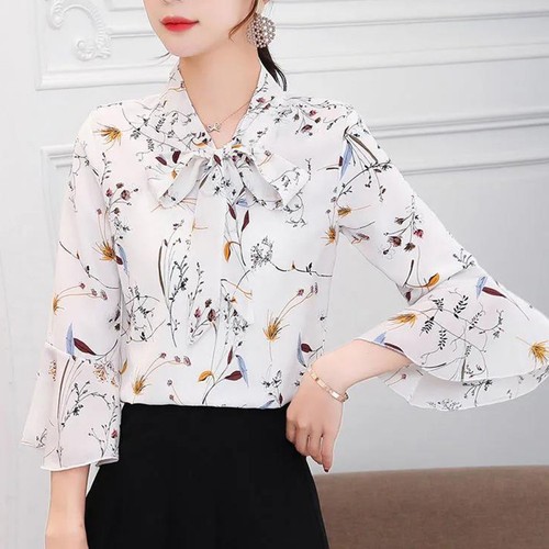 Fashionable Floral Print Chiffon Shirt Summer Three Quarter Sleeve Top - Picture 4 of 47