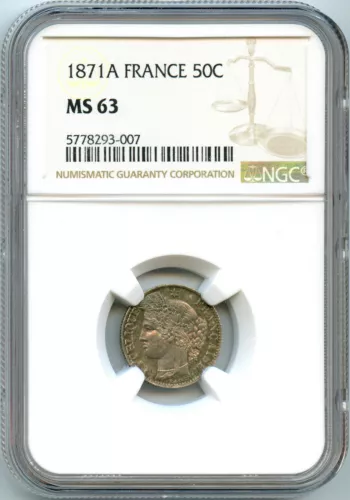 France III Republic 50 Cent. Cérès 1871 Paris NGC Ms 63