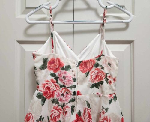 Minikleid Damen Mi Ami Rosa Blumen V-Ausschnitt Spaghettiträger Stufen Rüschen XS - Bild 6 von 9