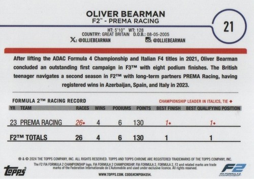 Topps Chrome Formula 1 2024 Oliver Bearman Future Stars F2 Prema Racing 170/199 - Bild 6 von 7