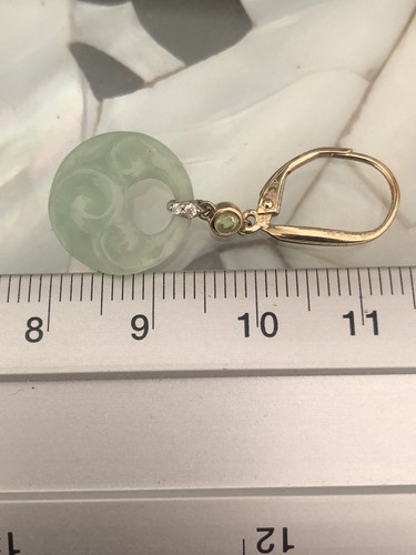 9ct Gold 10 Carats Natural Carved Burmese Jade Peridot Diamond Drop Earrings - Picture 21 of 24