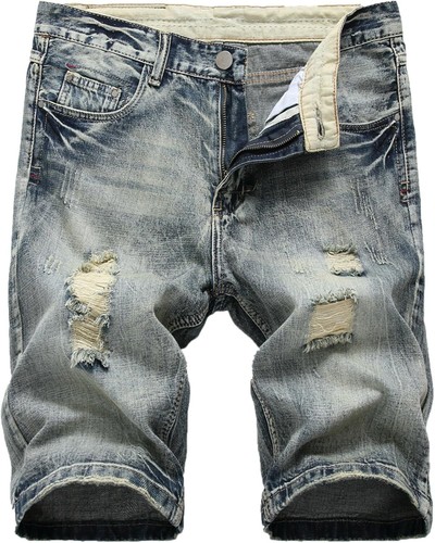 Men's Denim Shorts Vintage Distressed Ripped Summer Casual Straight Fit Knee Len - Picture 9 of 35
