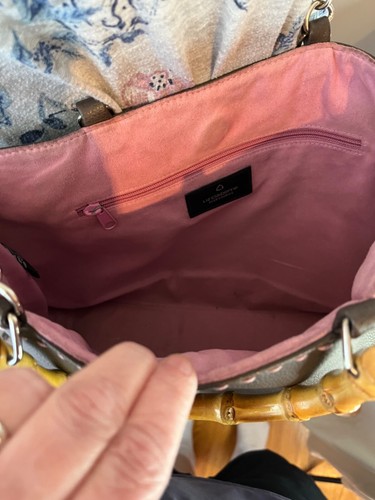 Vintage Liz Claiborne Brown Tote 2-Cane Handle Handbag Soft Fuchsia Lining - Picture 6 of 9