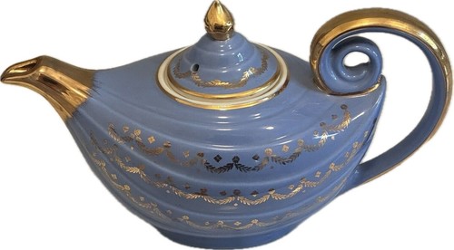 Hall China Cadet Blue Gold Label Swag Aladdin Teapot Tea Pot 6 Cup Mid century