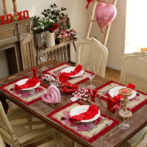 Valentine's Day Placemats 12x18 Inch, Red Hearts Farmhouse Holiday Kitchen - Picture 4 of 7