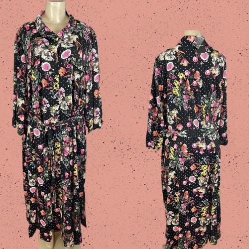 Torrid Plus 4 Black Floral Button Collar Tie Belt 3/4 Sleeve Ankle Shirt Dress
