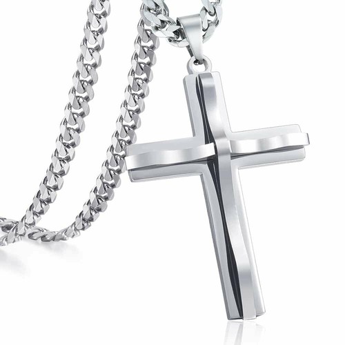Silver Stainless Steel Cuban Link Cross Pendant Necklace Layered Set (2 Chains ) - Picture 4 of 7