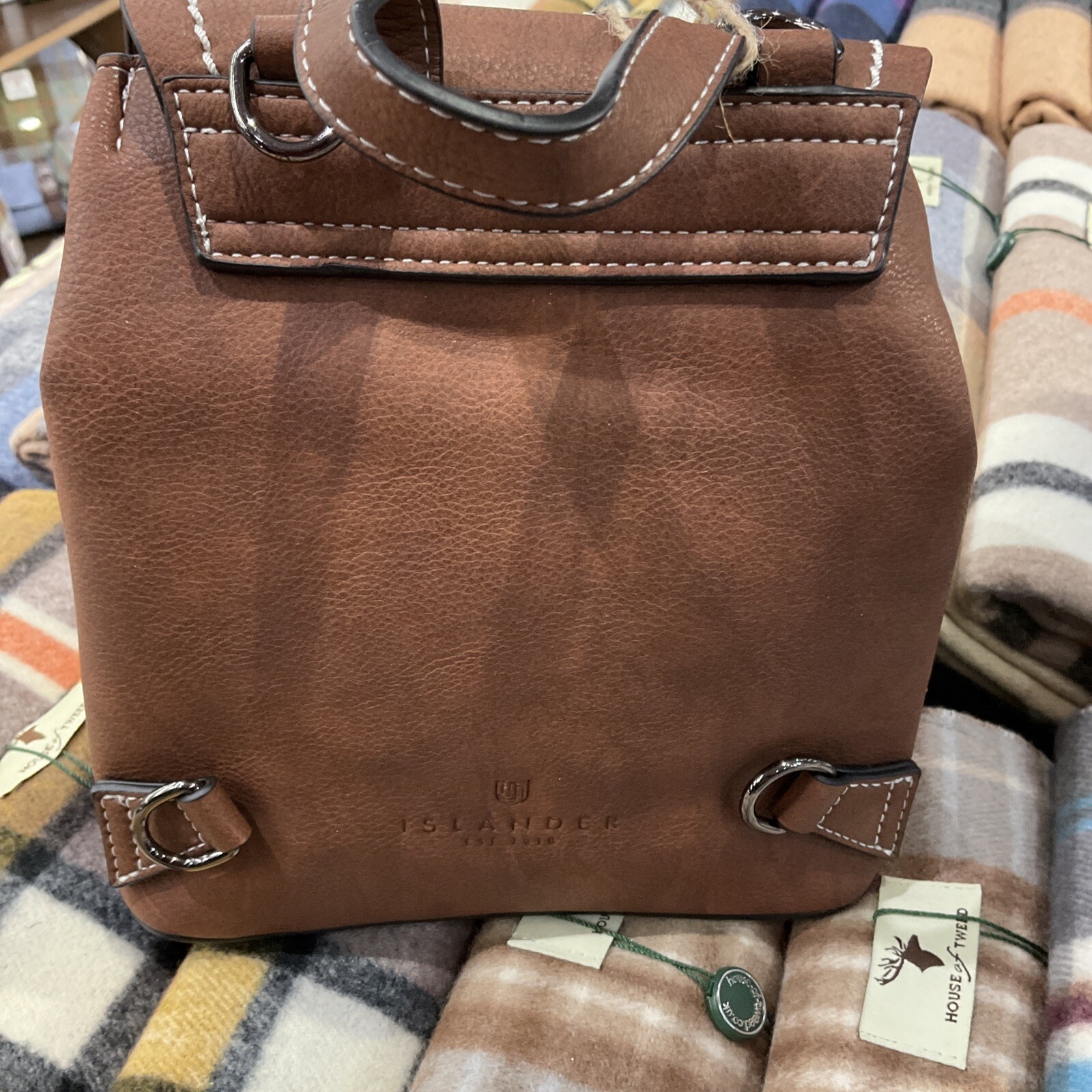 Harris Tweed Backpack - Chestnut Blue Tartan A17 PU Leather 24cm x 12cm x 28cm - Picture 6 of 9