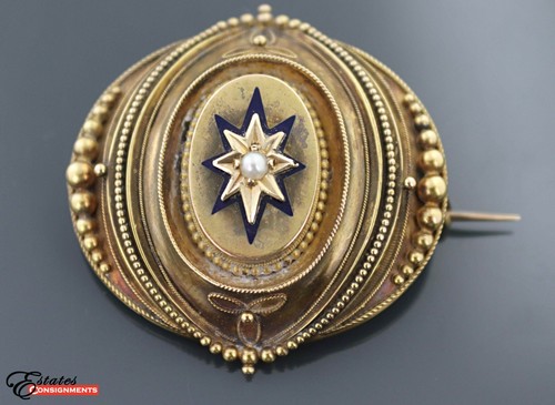 Vintage 14k Gold Mourning Victorian Pearl & Enamel Brooch - Picture 1 of 4