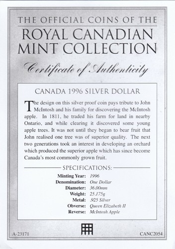 Coin Fine Silver Proof $1 Canada Bullion BU Mcintosh Apple 1996 COA 2 - Picture 3 of 3